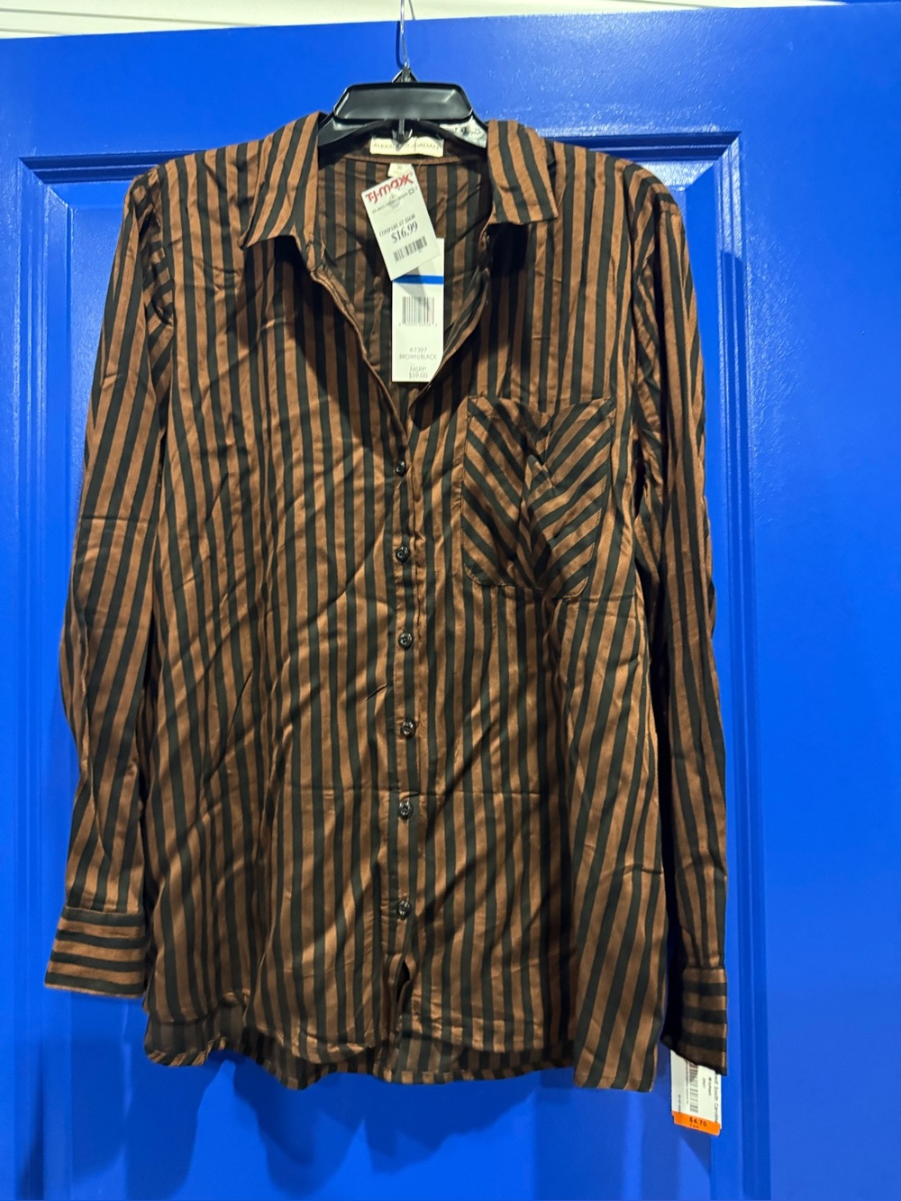 Woman Long-Sleeve Striped Button-Up Shirt - Brown/Black